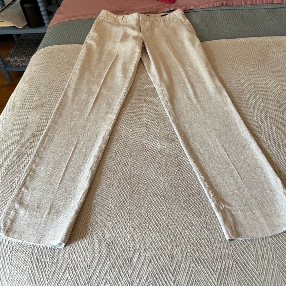 BR linen-cotton straight leg slacks.